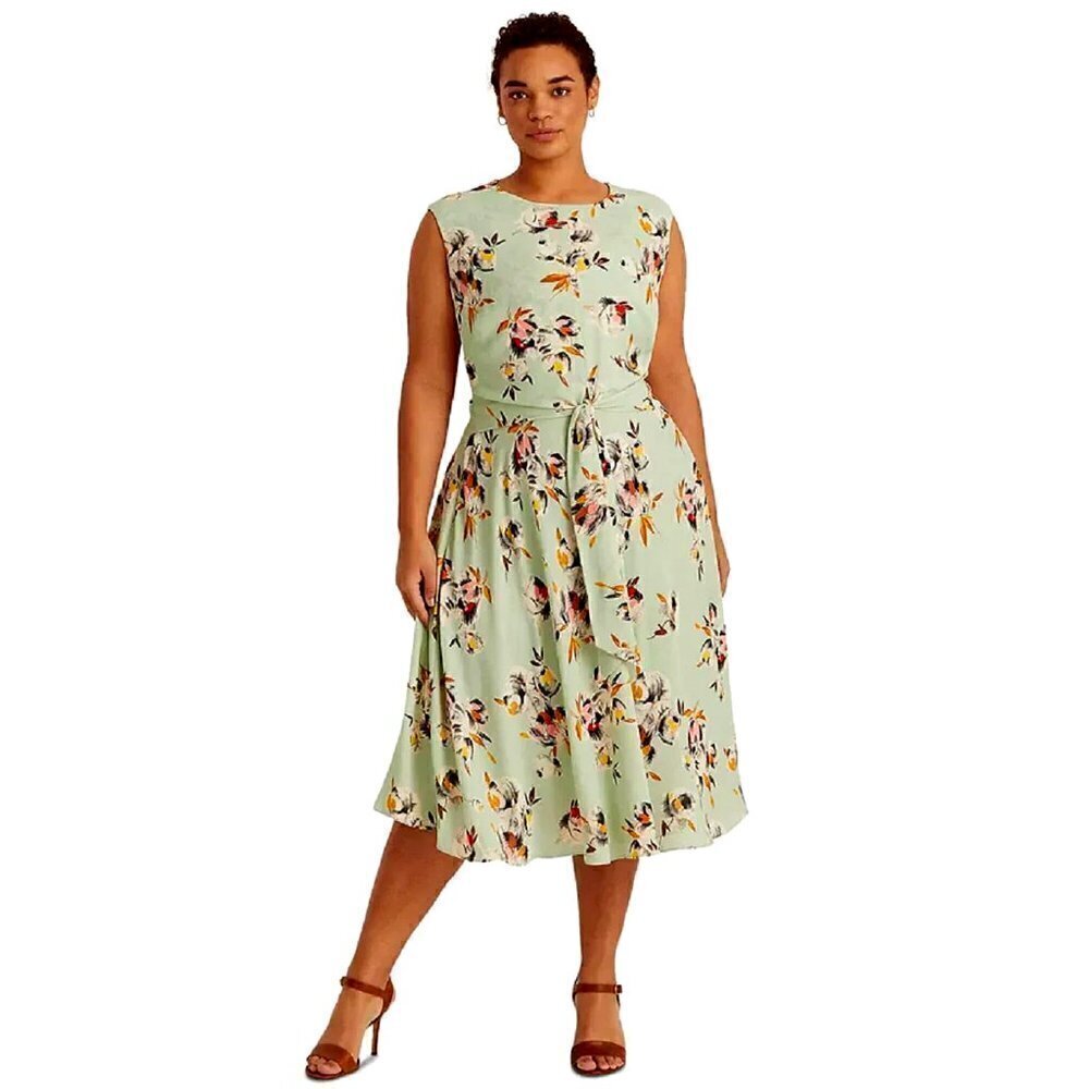 Ralph Lauren Plus Floral Crepe Dress Green A-Line Tie Waist Sleeveless A-Line
